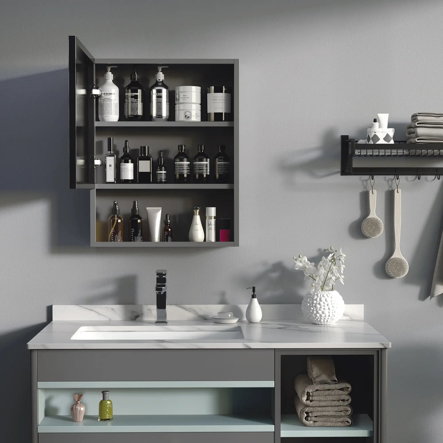 Wall-Mounted Medicine Cabinet, Single Door with Shelves, Stainless Steel Frame, Black Mirror Medicine Cabinets at Gallery Canada
