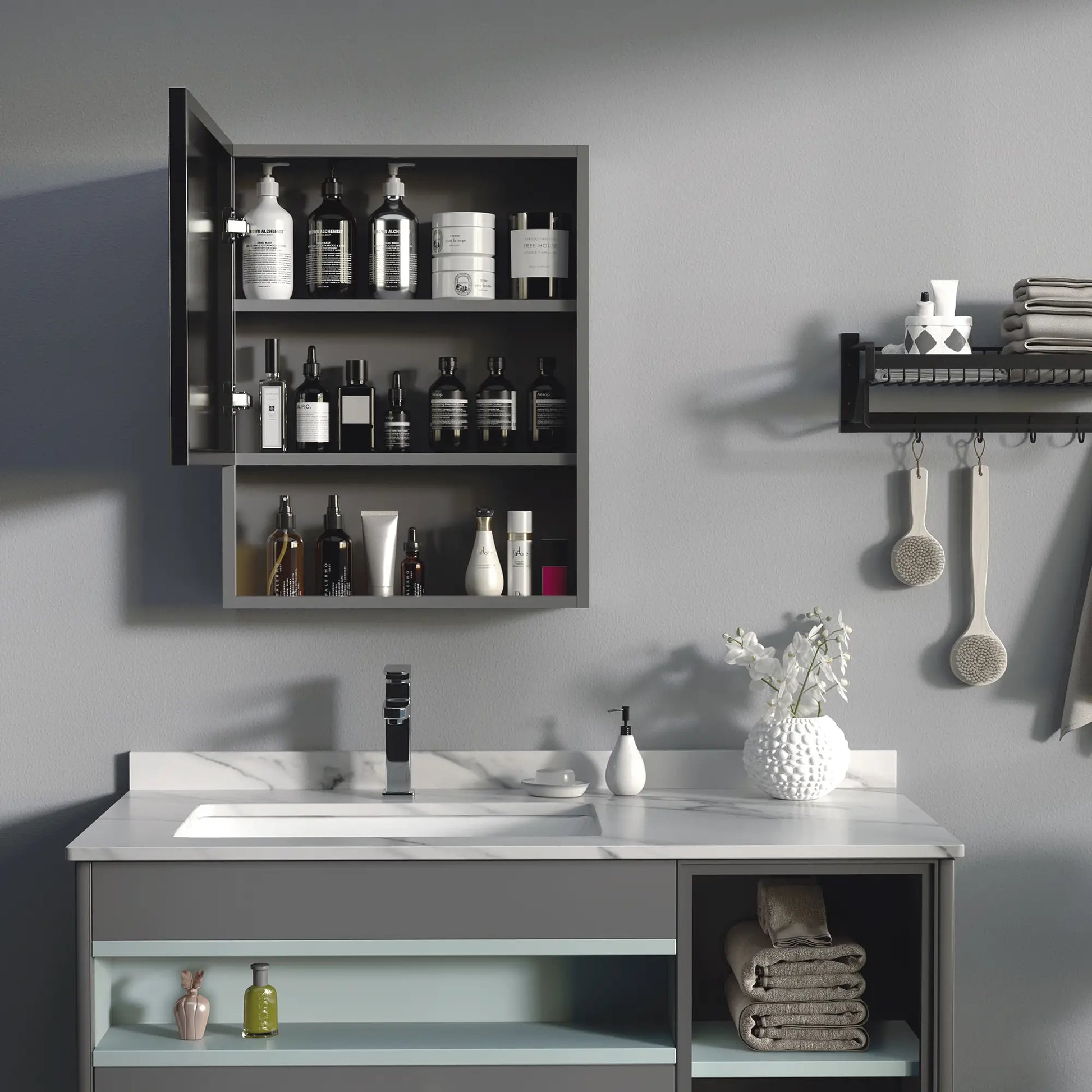 Wall-Mounted Medicine Cabinet, Single Door with Shelves, Stainless Steel Frame, Black Mirror Medicine Cabinets at Gallery Canada