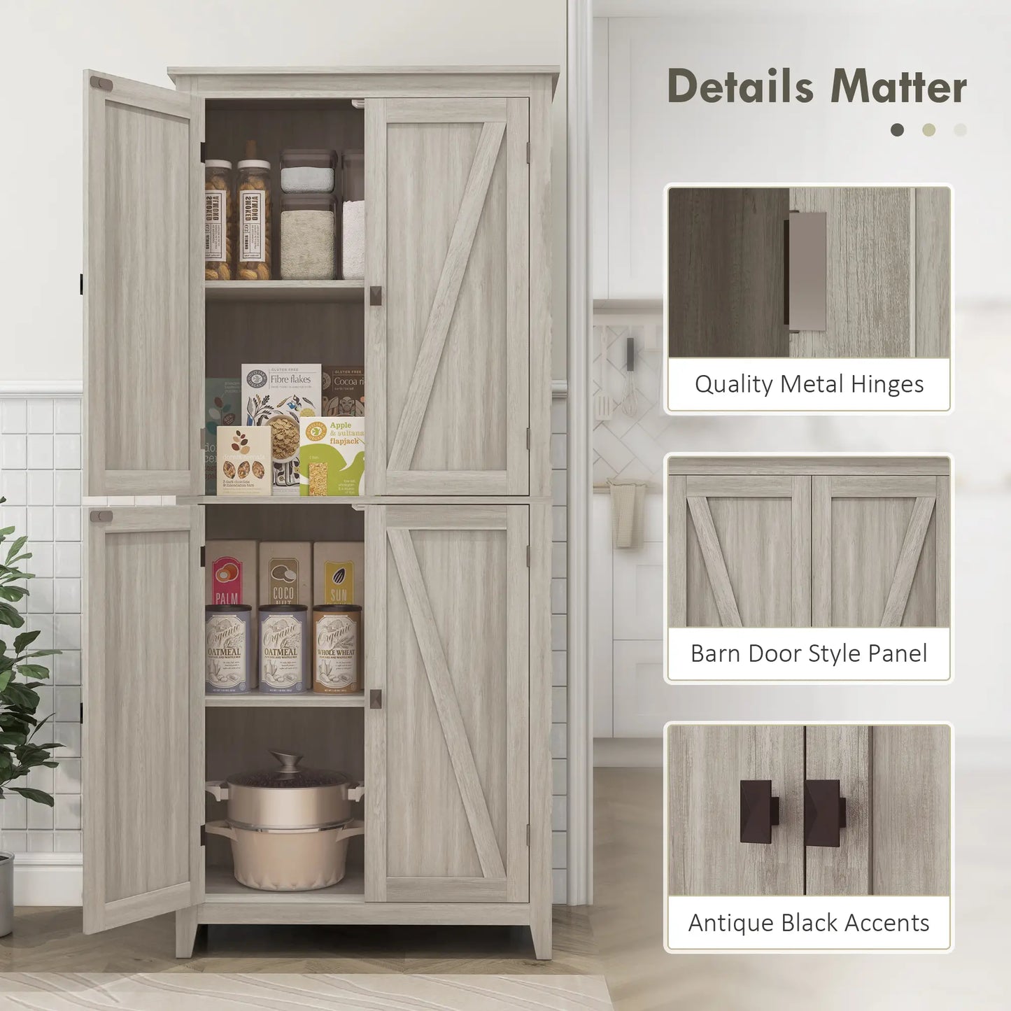 72" Freestanding Storage Cabinet, Kitchen Pantry with Doors, Shelves, Grey Kitchen Pantry Cabinets at Gallery Canada