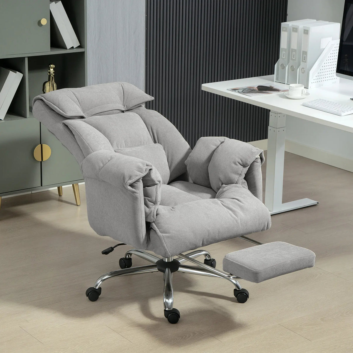 High Back Office Chair, Reclining with Footrest, High Resilience Foam, Swivel Wheels, Light Grey
