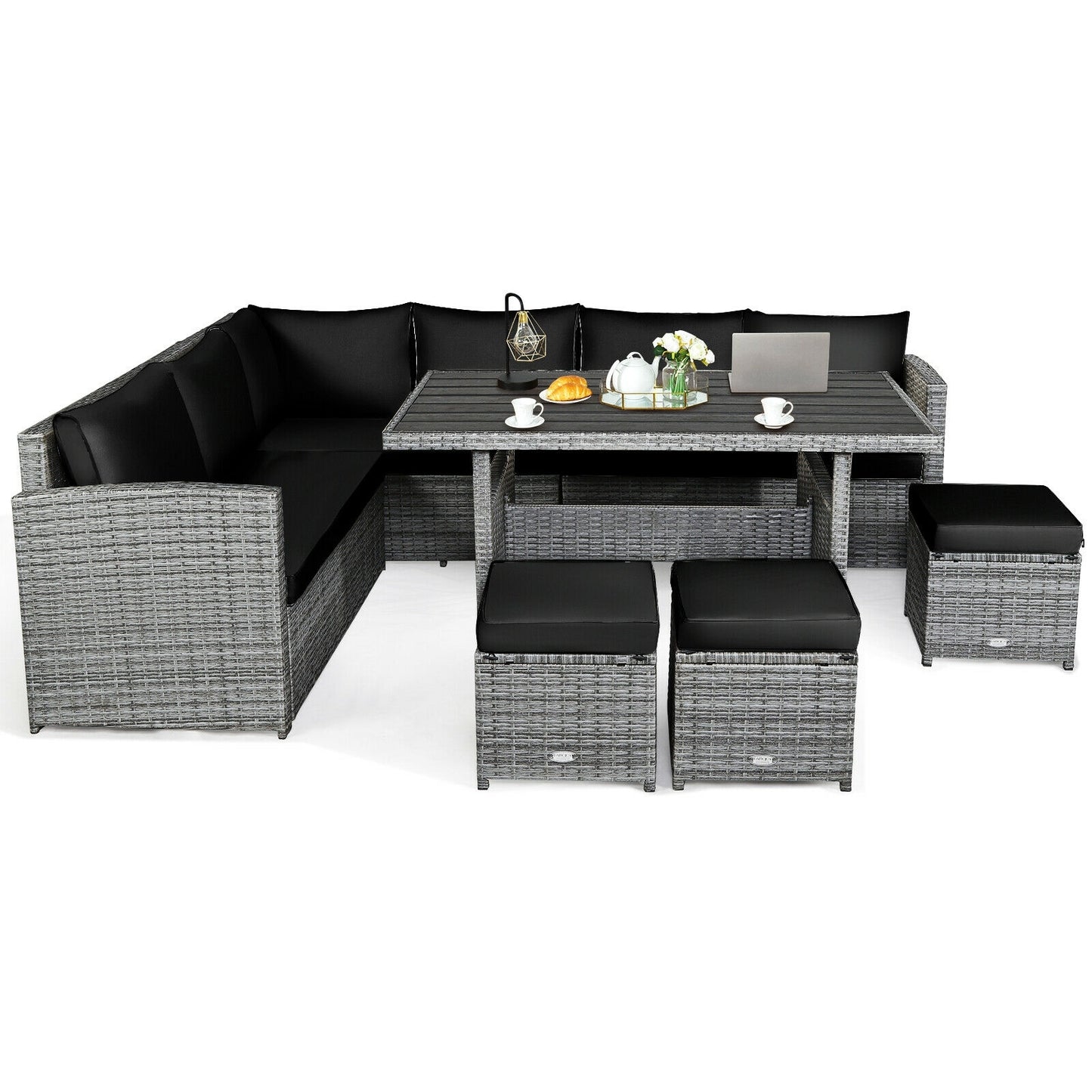 7-Piece Patio Rattan Dining Set, Sectional Sofa, Wicker Ottoman, Black
