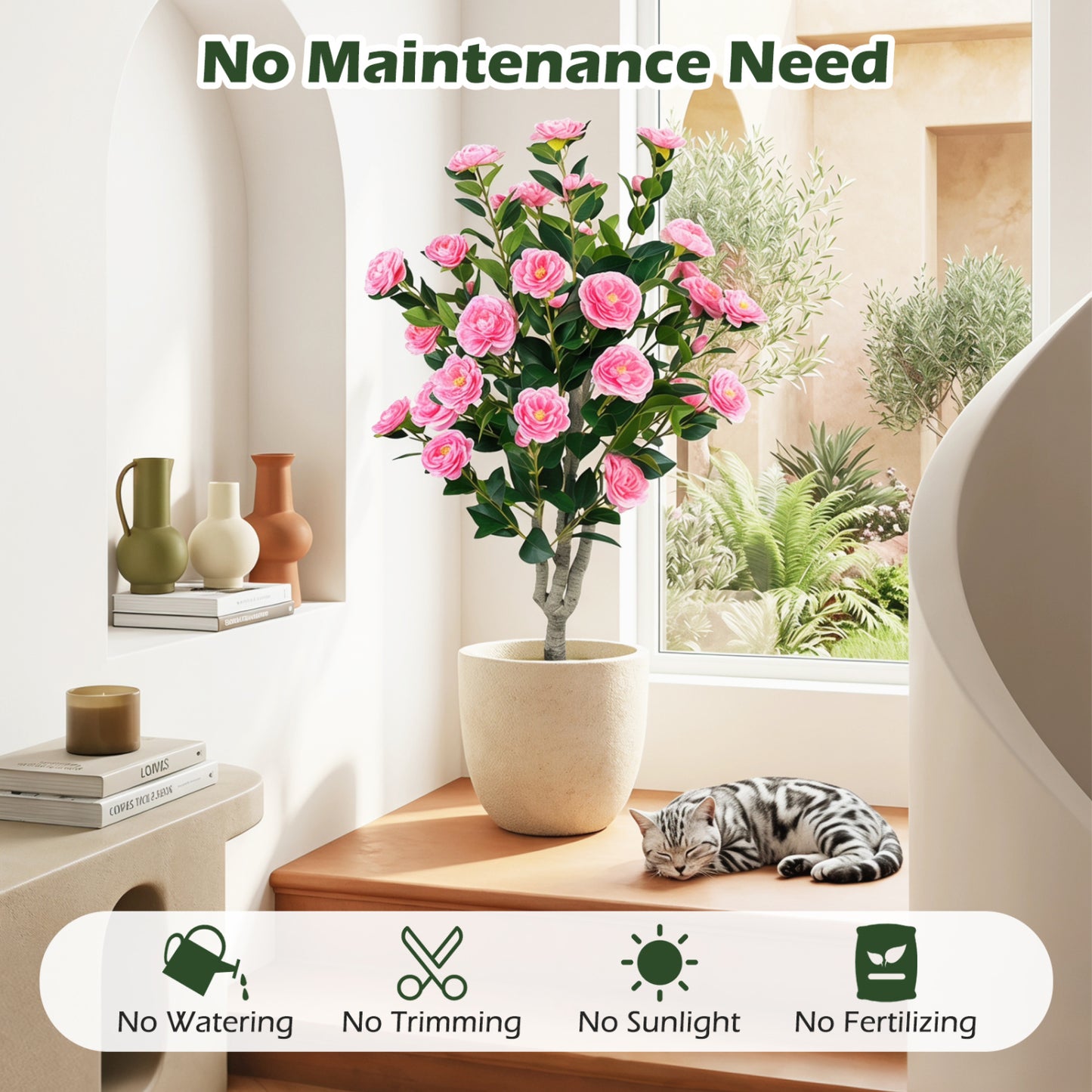 39.5" Artificial Camellia Tree With Blossoms, Pink, Orange