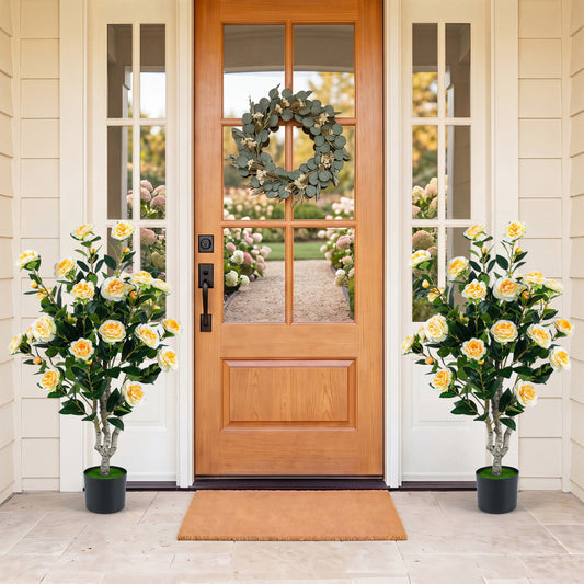39.5" Artificial Camellia Tree, Orange Blossoms, Cement Pot, White Faux Plants White at Gallery Canada