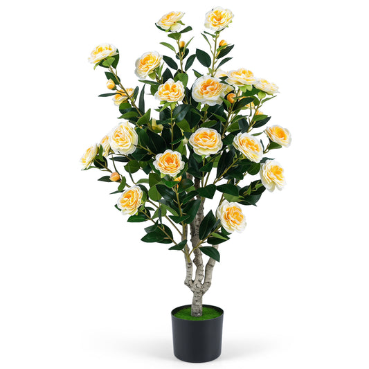 39.5" Artificial Camellia Tree, Orange Blossoms, Cement Pot, White Faux Plants White at Gallery Canada