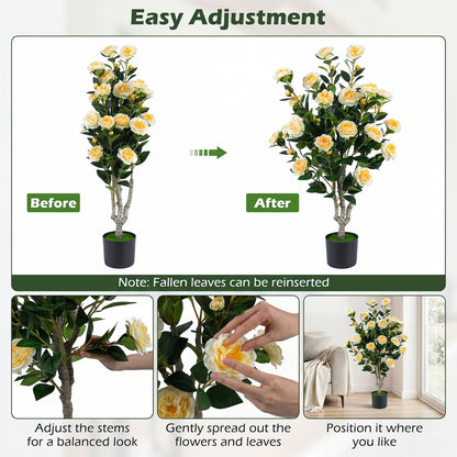 39.5" Artificial Camellia Tree, Orange Blossoms, Cement Pot, White Faux Plants at Gallery Canada