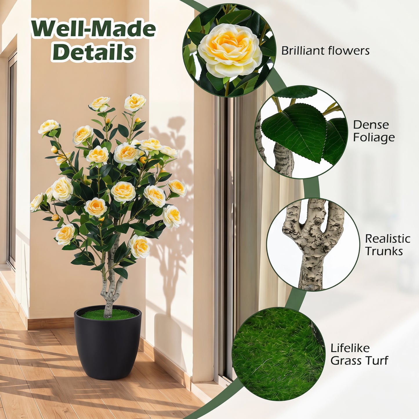 39.5" Artificial Camellia Tree, Orange Blossoms, Cement Pot, White Faux Plants at Gallery Canada