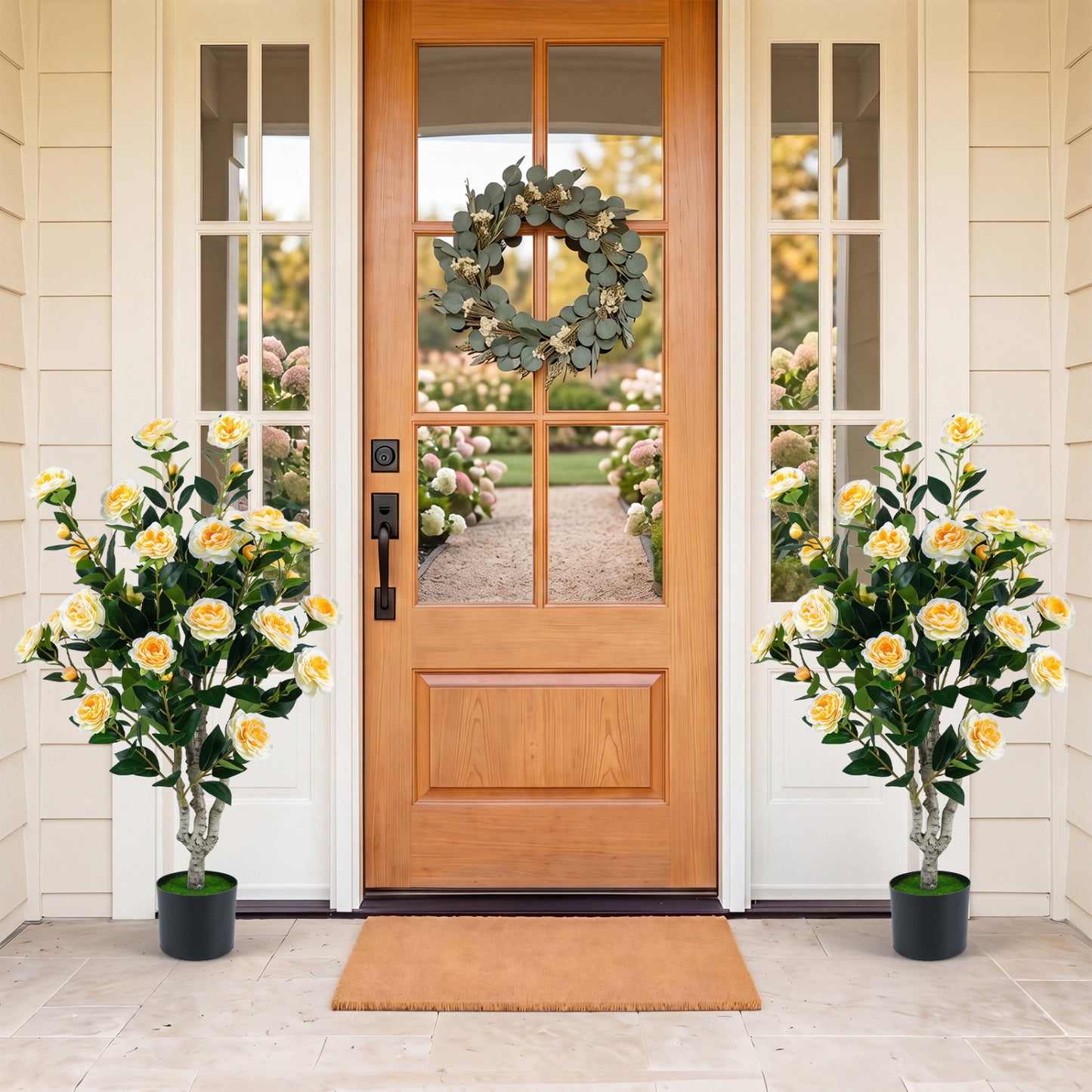 39.5" Artificial Camellia Tree, Orange Blossoms, Cement Pot, White Faux Plants at Gallery Canada