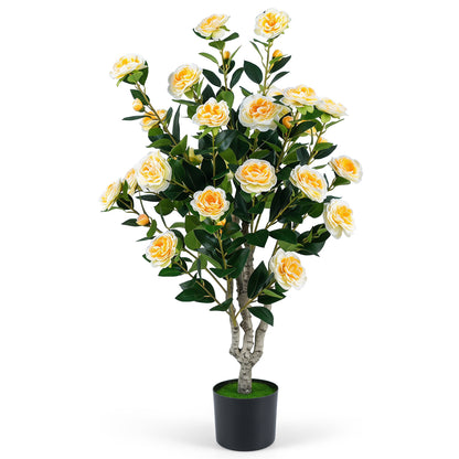 39.5" Artificial Camellia Tree, Orange Blossoms, Cement Pot, White Faux Plants at Gallery Canada