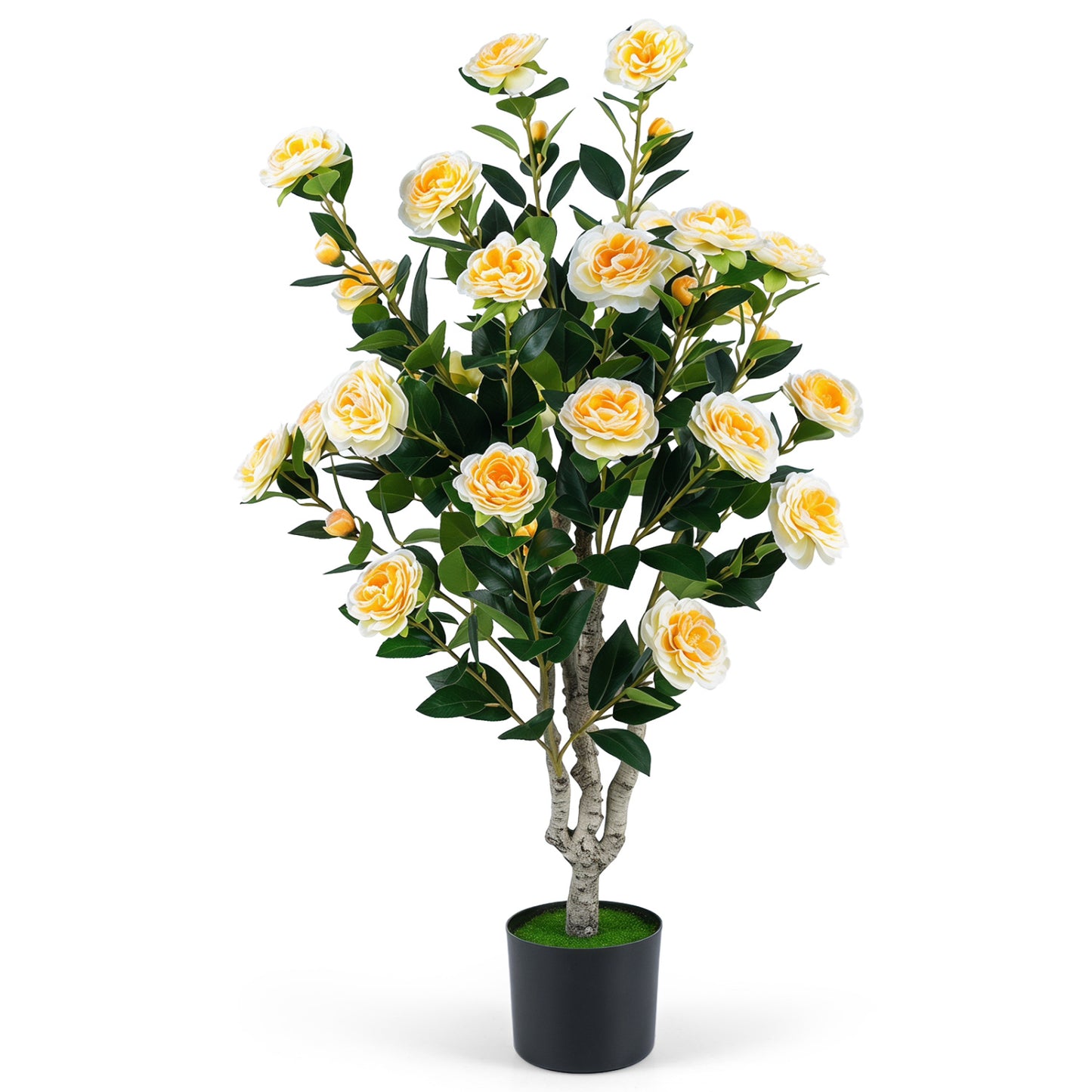 39.5" Artificial Camellia Tree, Orange Blossoms, Cement Pot, White Faux Plants White at Gallery Canada
