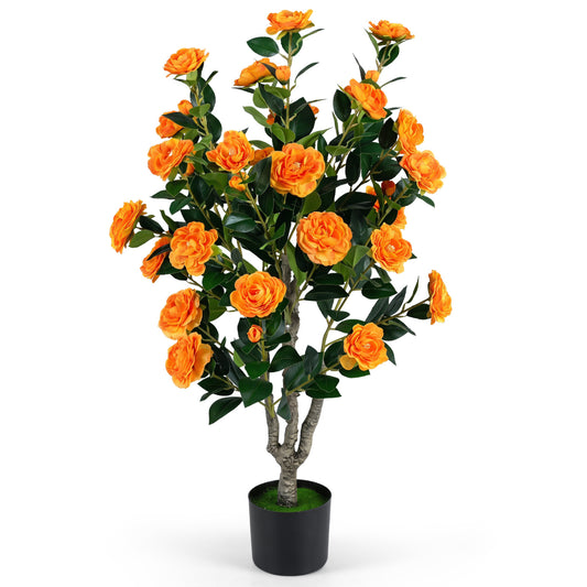 39.5" Artificial Camellia Tree, Blossoms, Cement Pot, Orange Faux Plants Orange at Gallery Canada