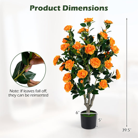 39.5" Artificial Camellia Tree, Blossoms, Cement Pot, Orange Faux Plants Orange at Gallery Canada