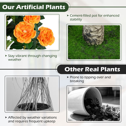 39.5" Artificial Camellia Tree, Blossoms, Cement Pot, Orange