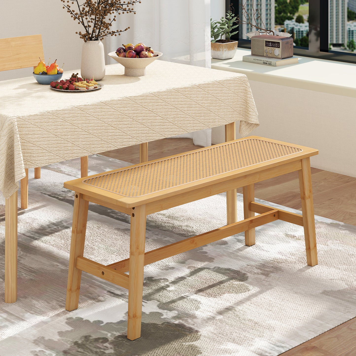 39.5 Inch Bamboo Dining Bench with Handwoven Rattan Seat for Indoor Outdoor, Natural Outdoor Benches at Gallery Canada