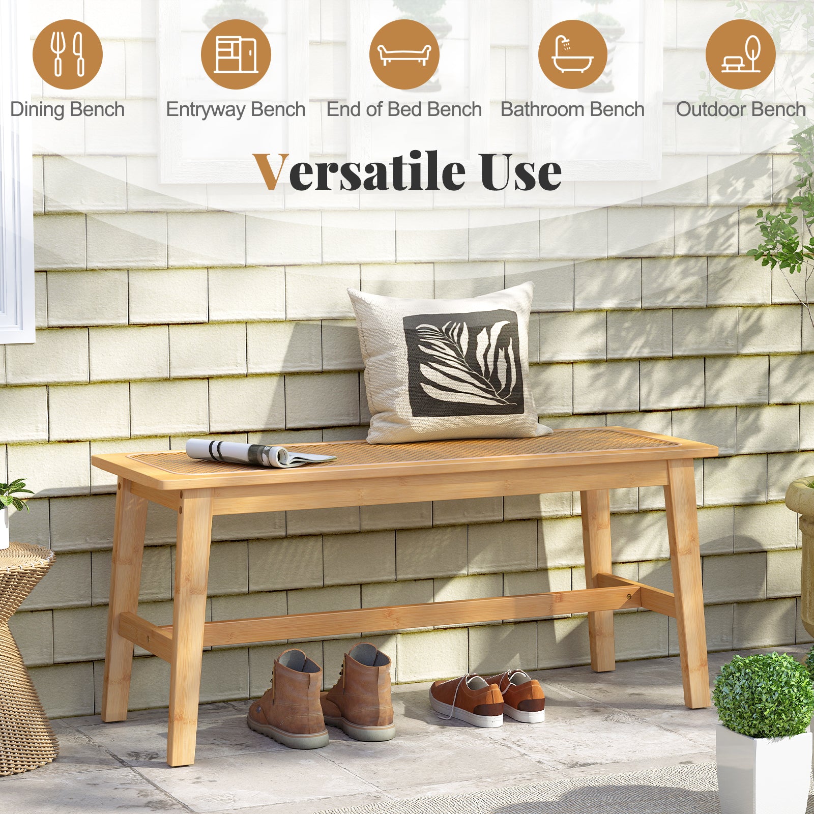 39.5 Inch Bamboo Dining Bench with Handwoven Rattan Seat for Indoor Outdoor, Natural Outdoor Benches at Gallery Canada