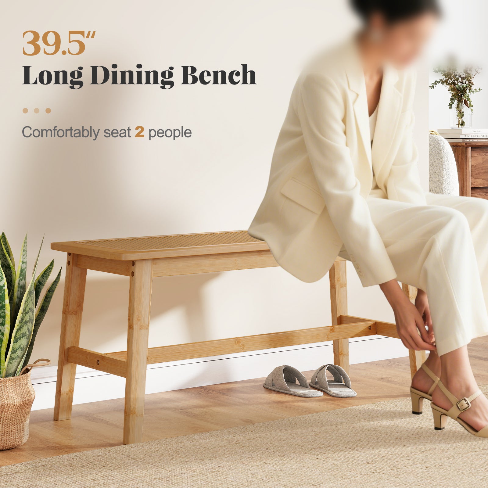 39.5 Inch Bamboo Dining Bench with Handwoven Rattan Seat for Indoor Outdoor, Natural Outdoor Benches at Gallery Canada