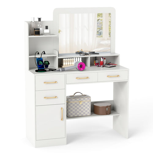 39.5 Inch Vanity Desk with Power Outlets and Mirror for Bedroom, White