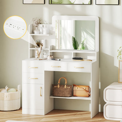 39.5 Inch Vanity Desk with Power Outlets and Mirror for Bedroom, White Kids Vanities at Gallery Canada