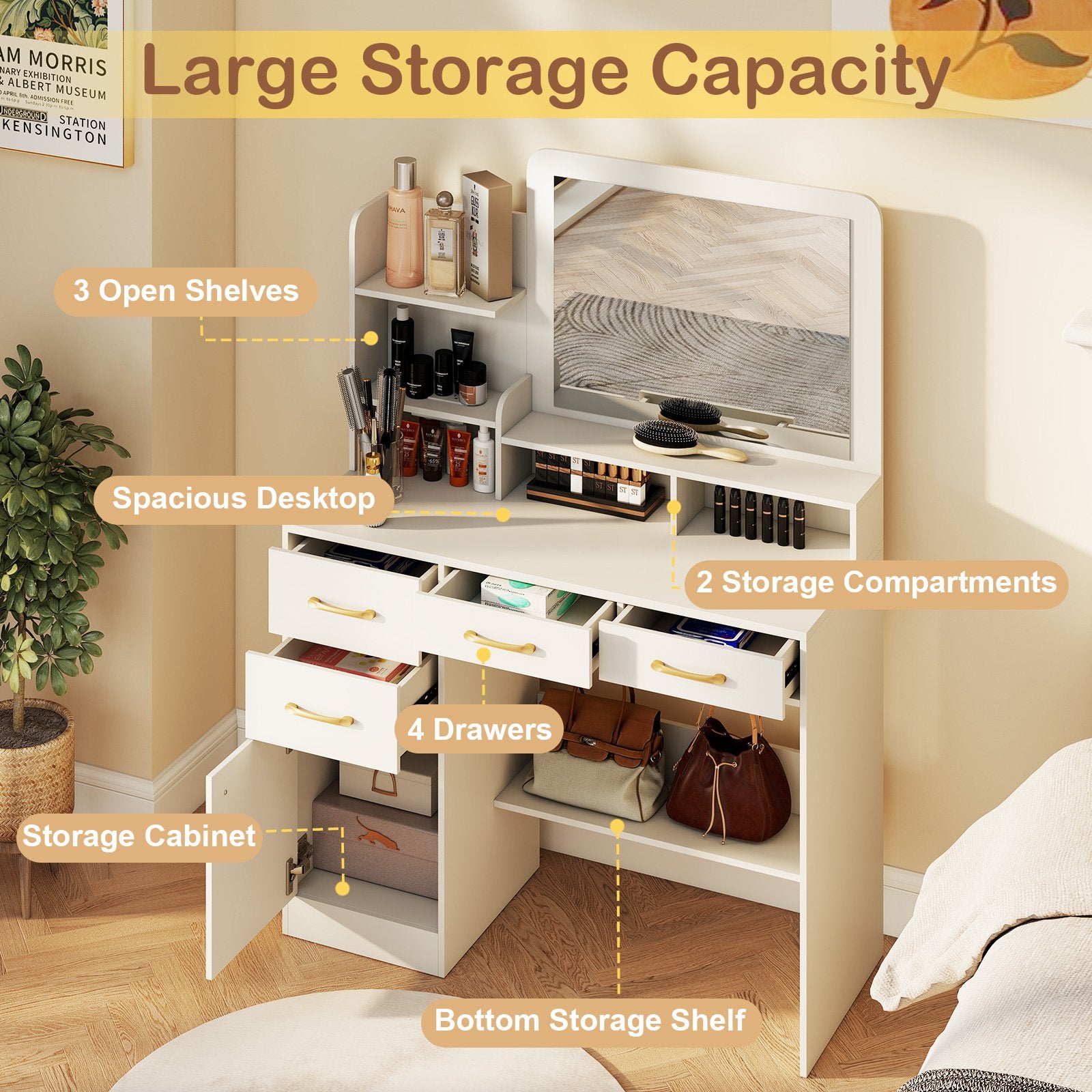 39.5 Inch Vanity Desk with Power Outlets and Mirror for Bedroom, White Kids Vanities at Gallery Canada