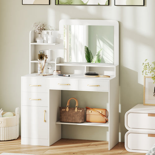 39.5 Inch Vanity Desk With Power Outlets And Mirror, White