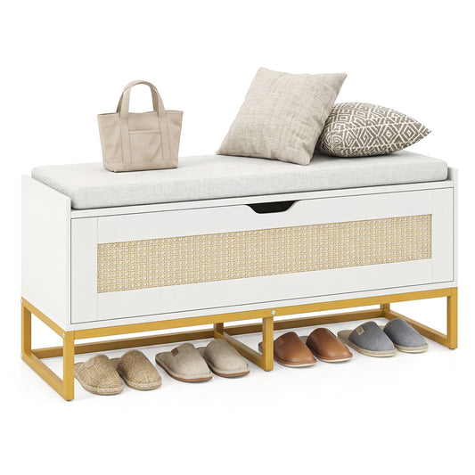 39.5" Rattan Storage Chest, Wicker Shoe Bench, Padded Seat Flip-Top, White Shoe Racks & Storage Benches White at Gallery Canada