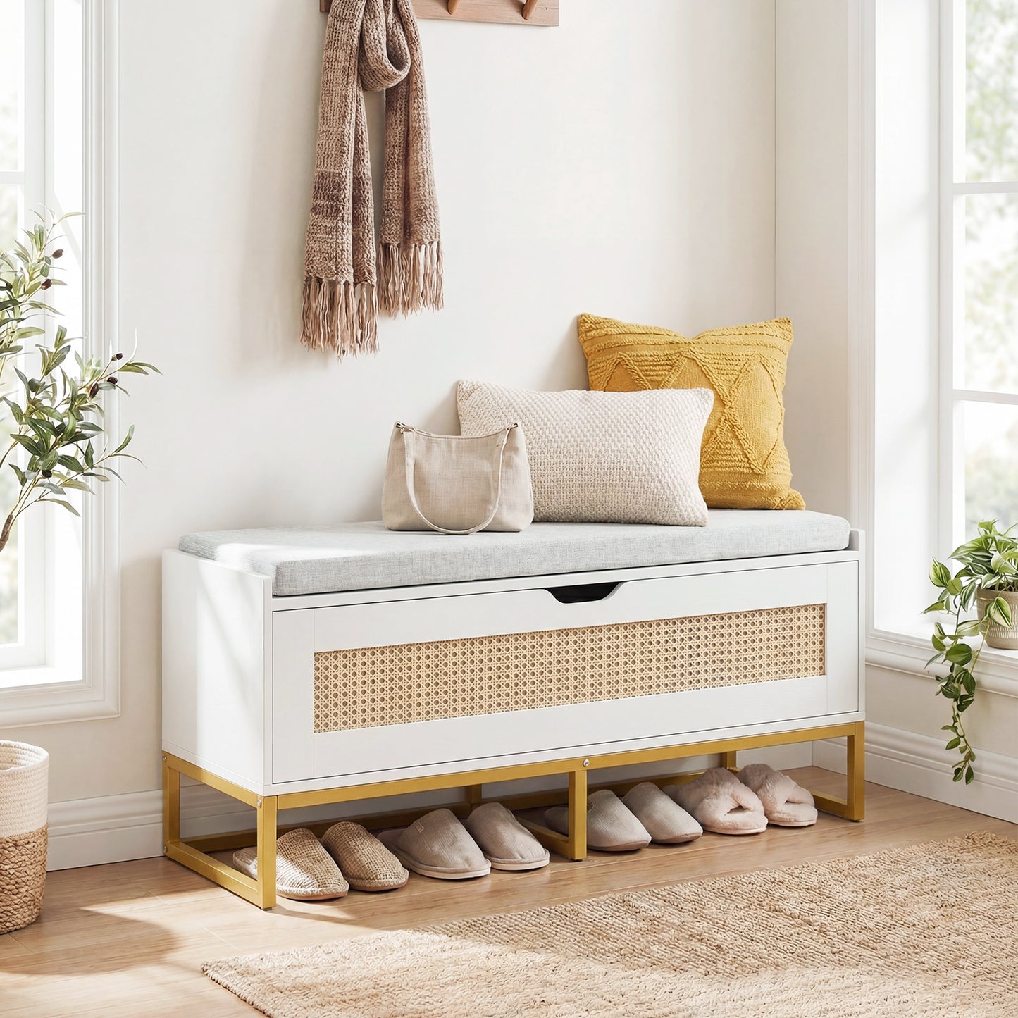 39.5" Rattan Storage Chest, Wicker Shoe Bench, Padded Seat Flip-Top, White Shoe Racks & Storage Benches at Gallery Canada