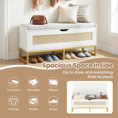 39.5" Rattan Storage Chest, Wicker Shoe Bench, Padded Seat Flip-Top, White Shoe Racks & Storage Benches at Gallery Canada