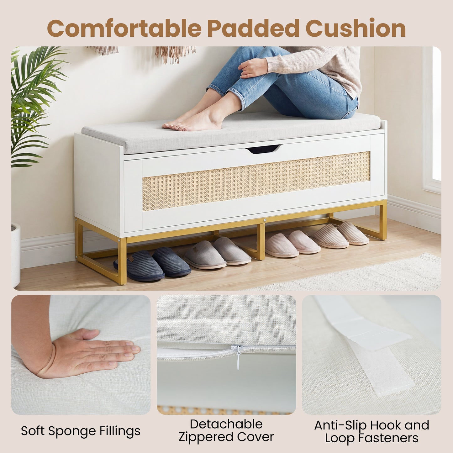 39.5" Rattan Storage Chest, Wicker Shoe Bench, Padded Seat Flip-Top, White Shoe Racks & Storage Benches at Gallery Canada