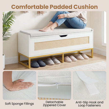 39.5" Rattan Storage Chest, Wicker Shoe Bench, Padded Seat Flip-Top, White Shoe Racks & Storage Benches at Gallery Canada