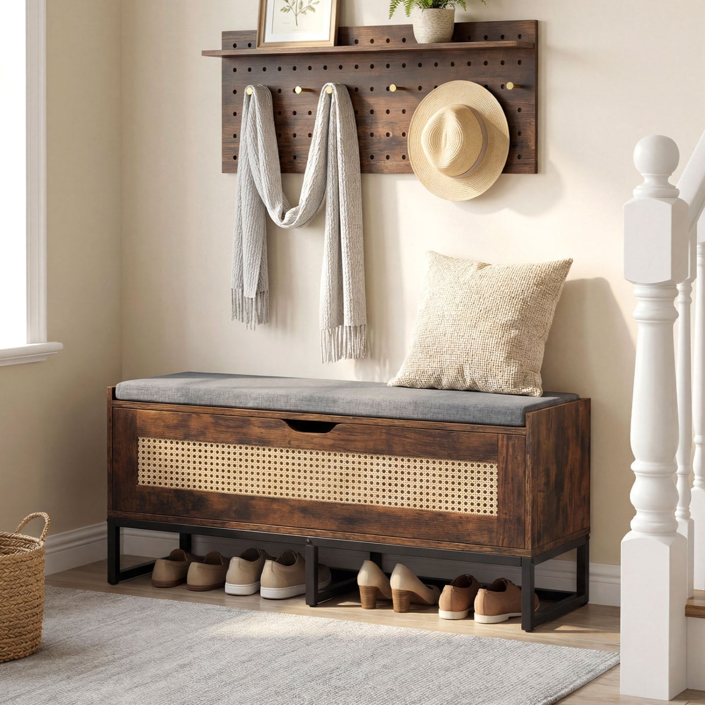39.5" Rattan Storage Chest, Wicker Shoe Bench, Padded Seat Flip-Top, Brown Shoe Racks & Storage Benches at Gallery Canada