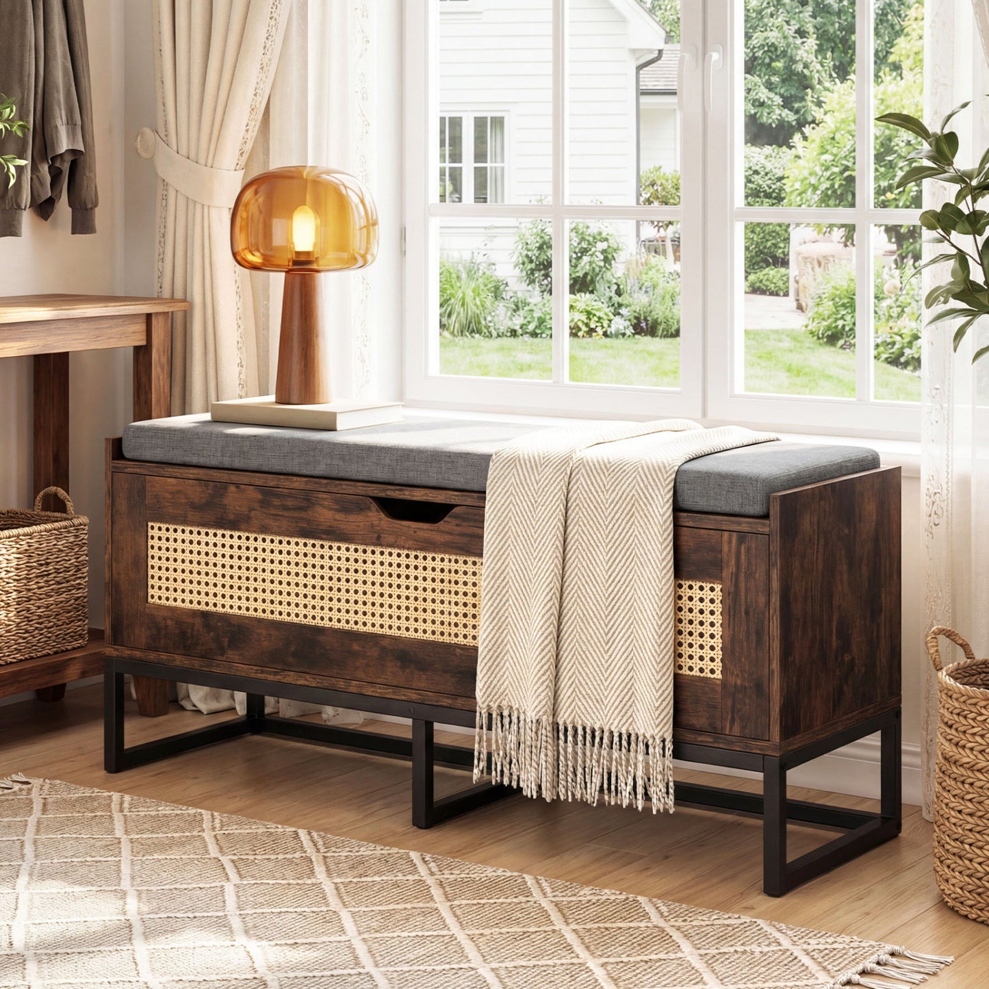 39.5" Rattan Storage Chest, Wicker Shoe Bench, Padded Seat Flip-Top, Brown Shoe Racks & Storage Benches at Gallery Canada