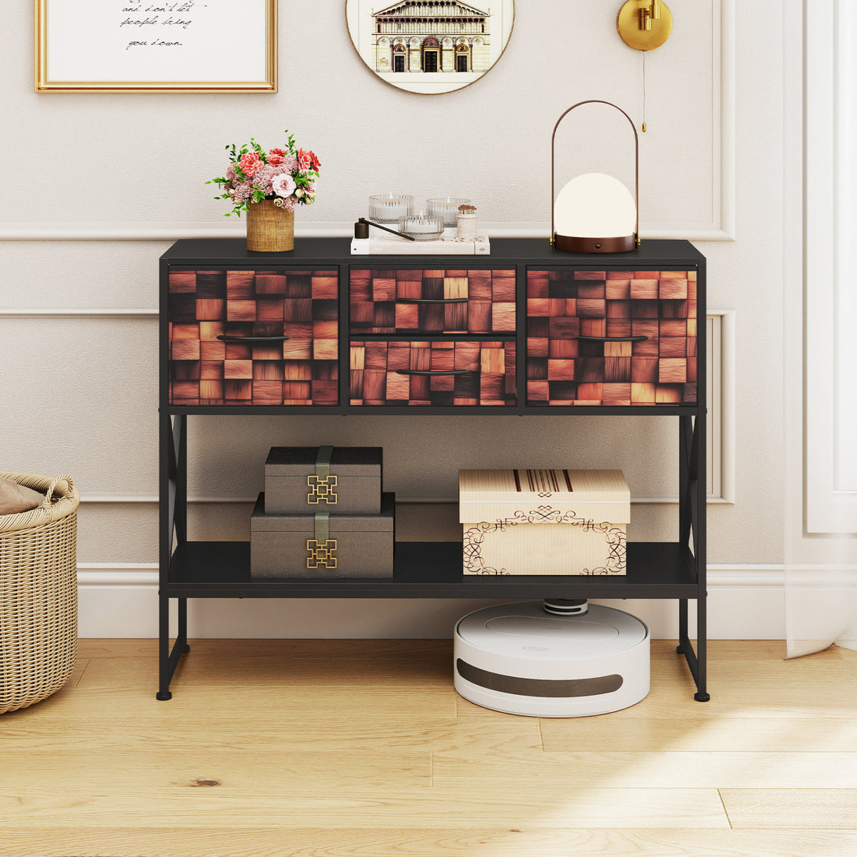 Table console "39", 4 tiroirs en tissu, étagère ouverte, noir
