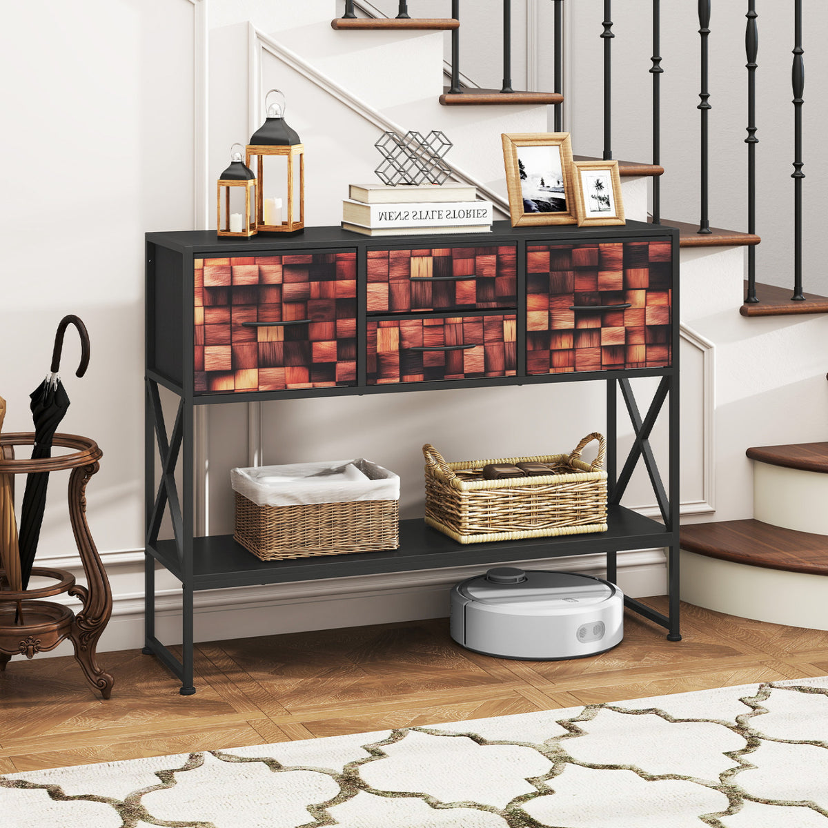 Table console "39", 4 tiroirs en tissu, étagère ouverte, noir