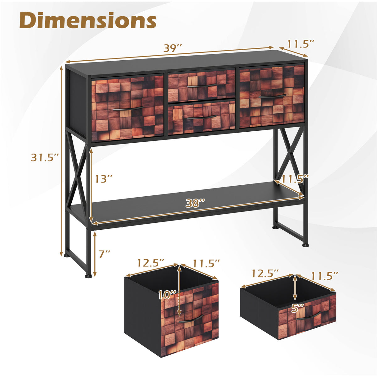 Table console "39", 4 tiroirs en tissu, étagère ouverte, noir