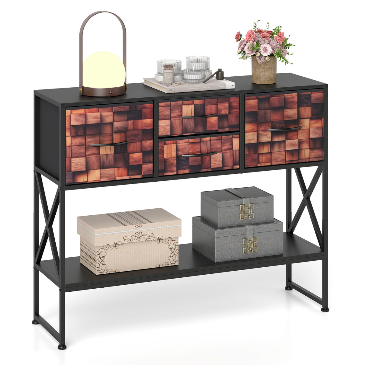 Table console "39", 4 tiroirs en tissu, étagère ouverte, noir