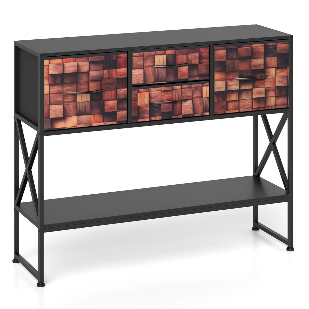 Table console "39", 4 tiroirs en tissu, étagère ouverte, noir