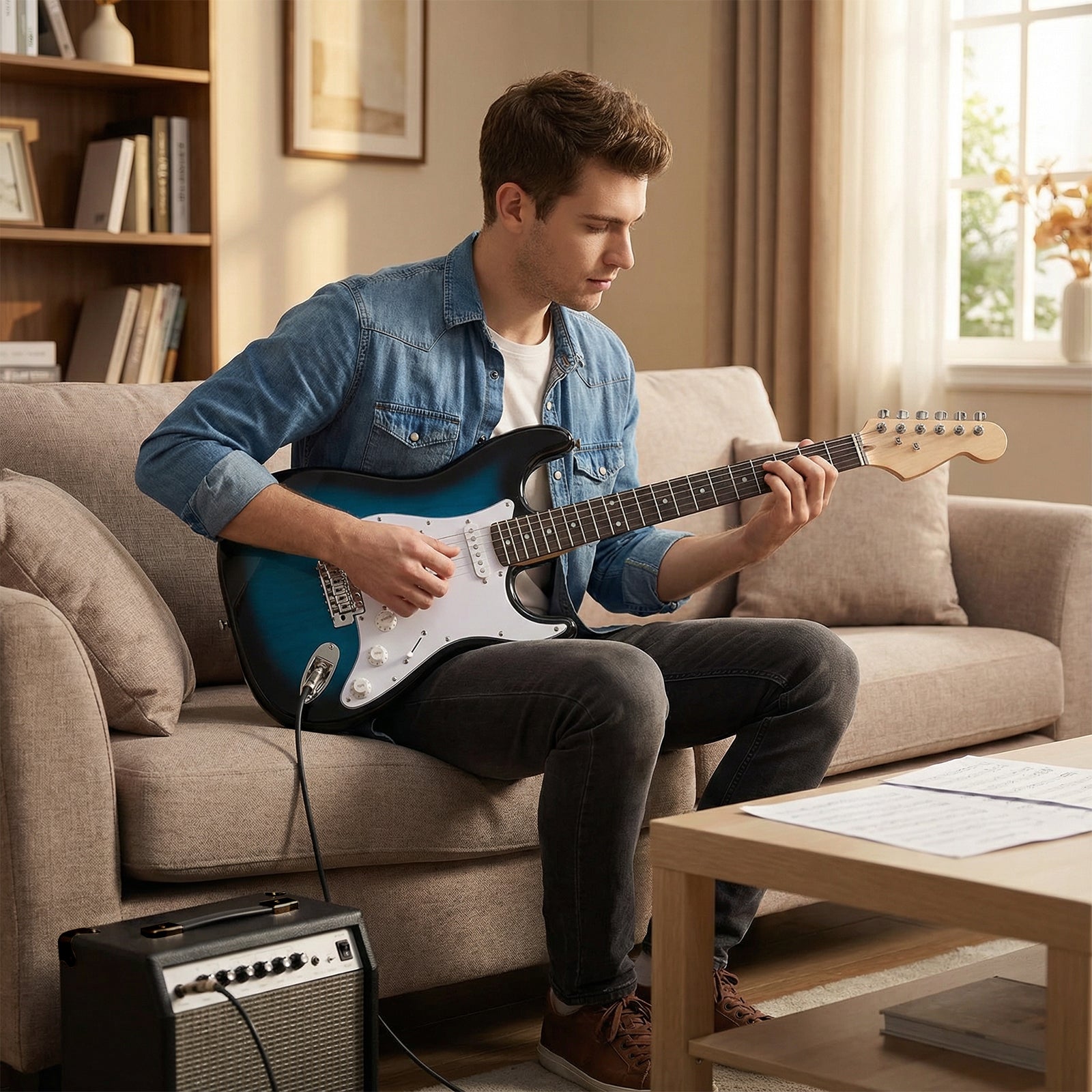 39 Inch Full Size Electric Guitar Beginner Kit with Amplifier for Starter, Blue Guitar & Strings at Gallery Canada