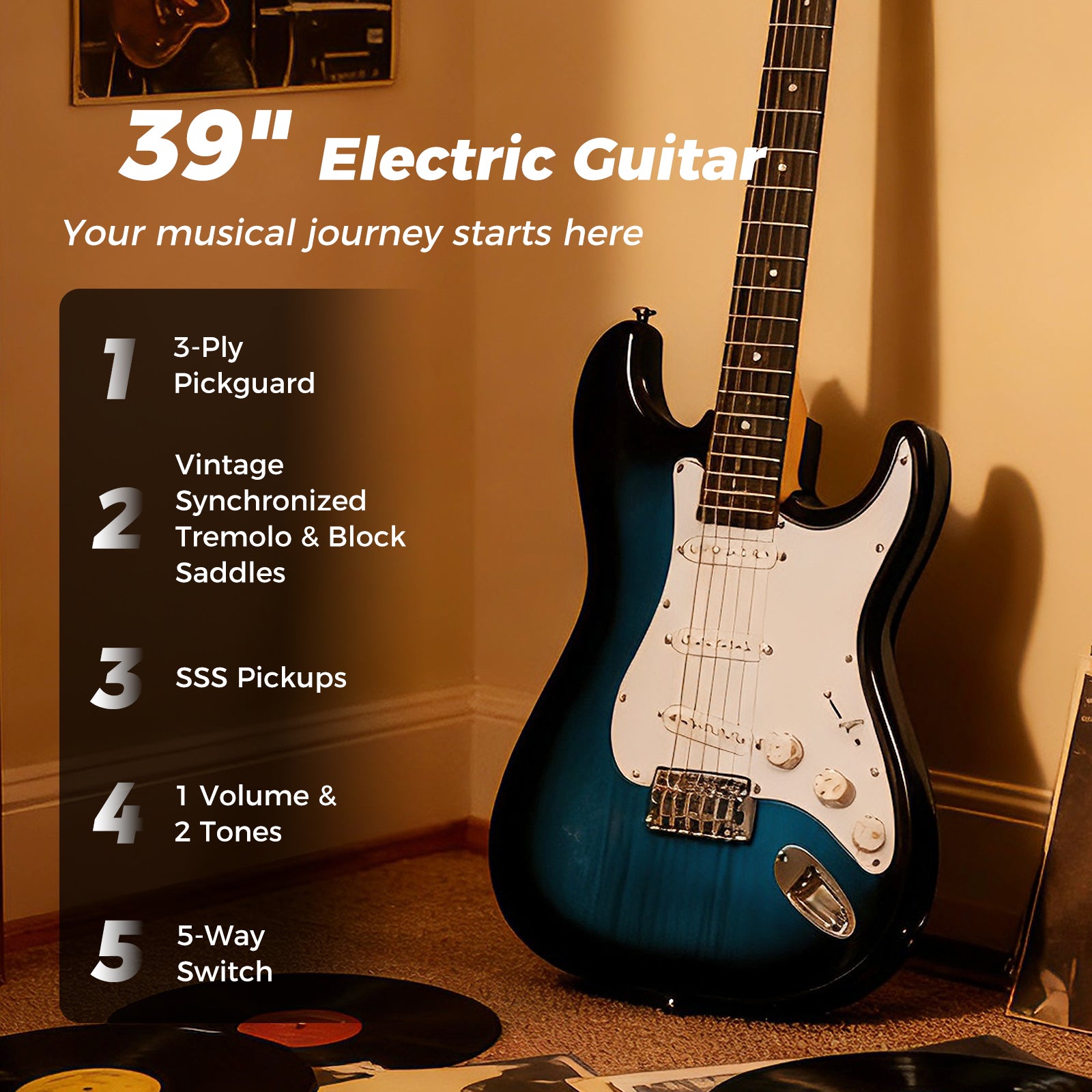 39 Inch Full Size Electric Guitar Beginner Kit with Amplifier for Starter, Blue Guitar & Strings at Gallery Canada