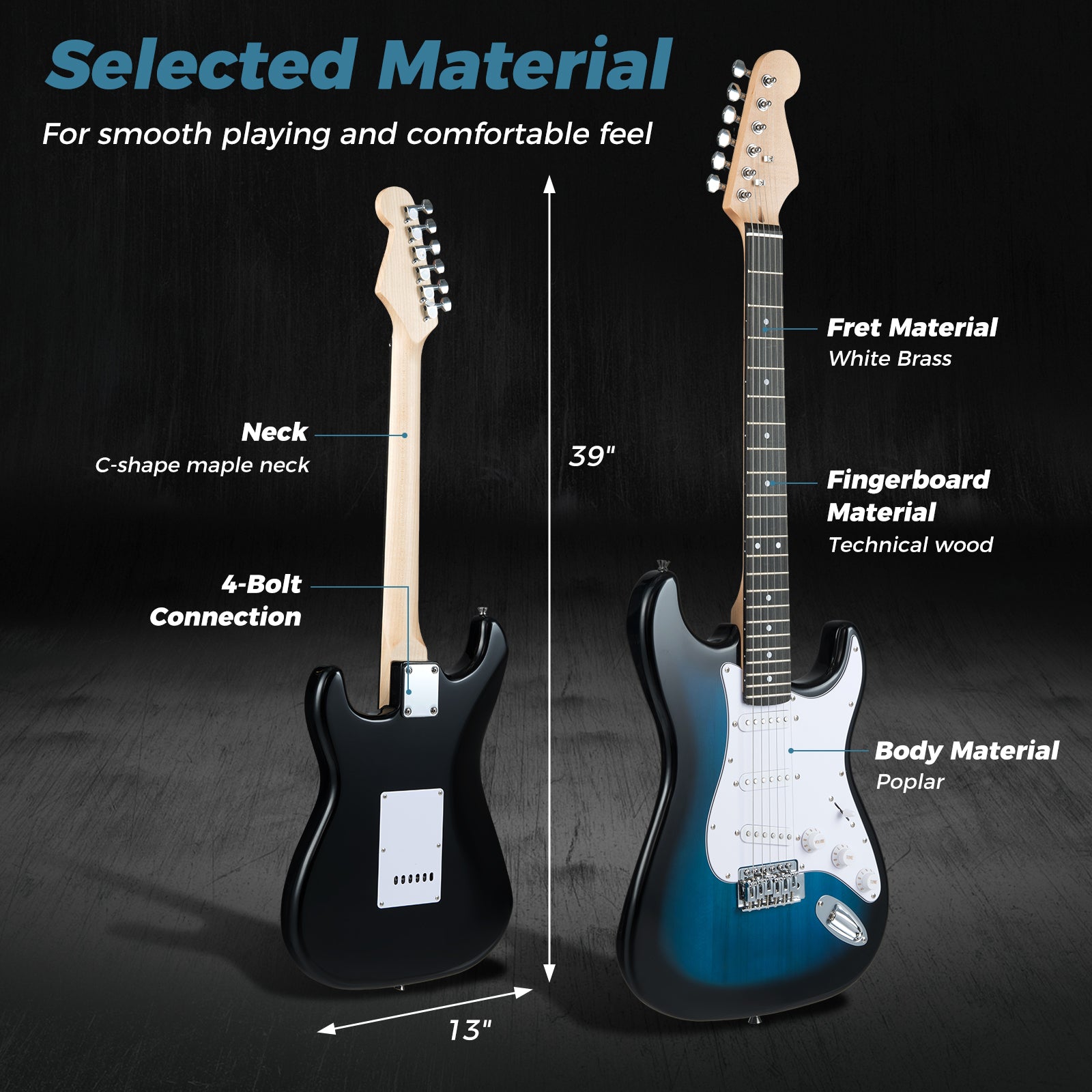 39 Inch Full Size Electric Guitar Beginner Kit with Amplifier for Starter, Blue Guitar & Strings at Gallery Canada
