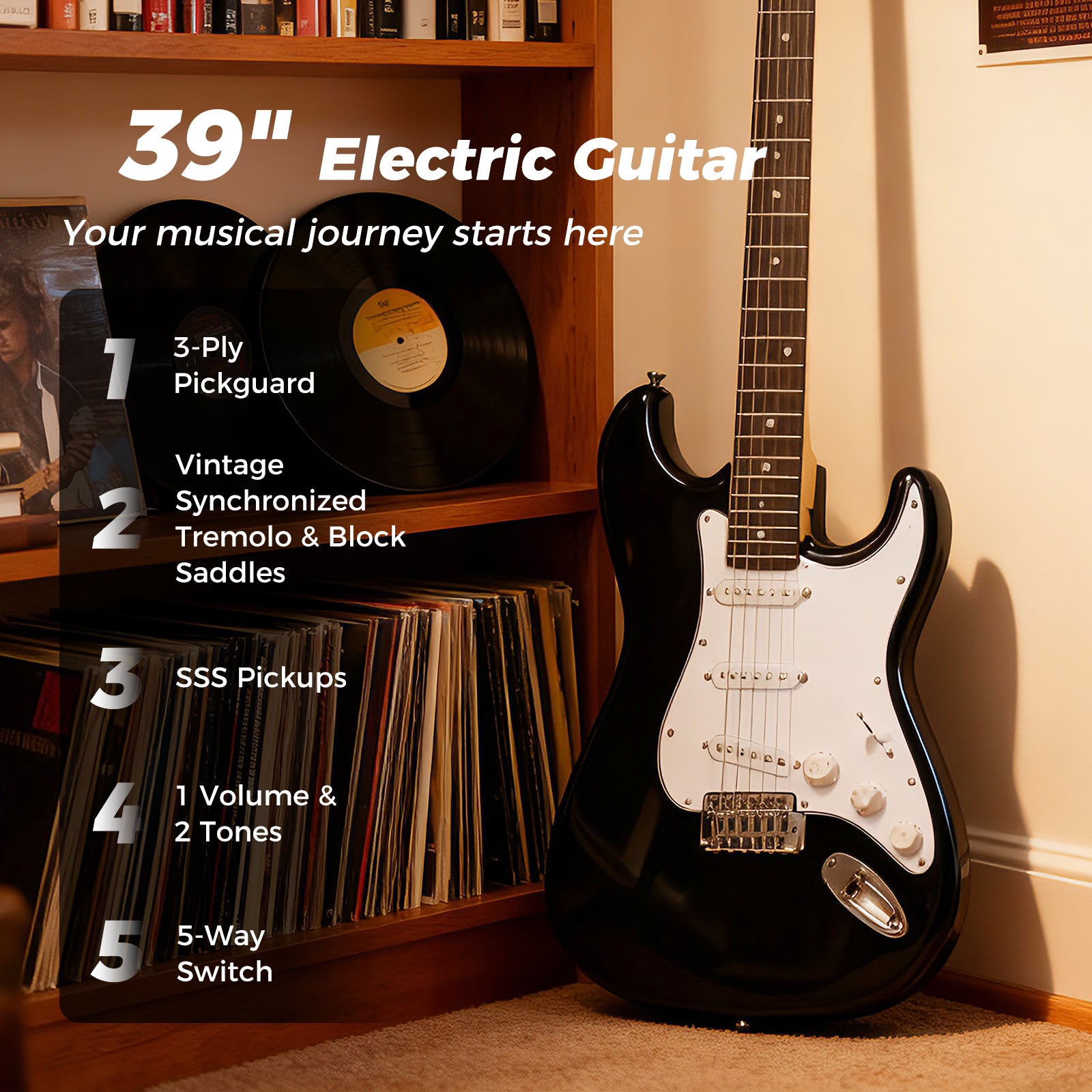 39 Inch Full Size Electric Guitar Beginner Kit with Amplifier for Starter, Black Guitar & Strings at Gallery Canada