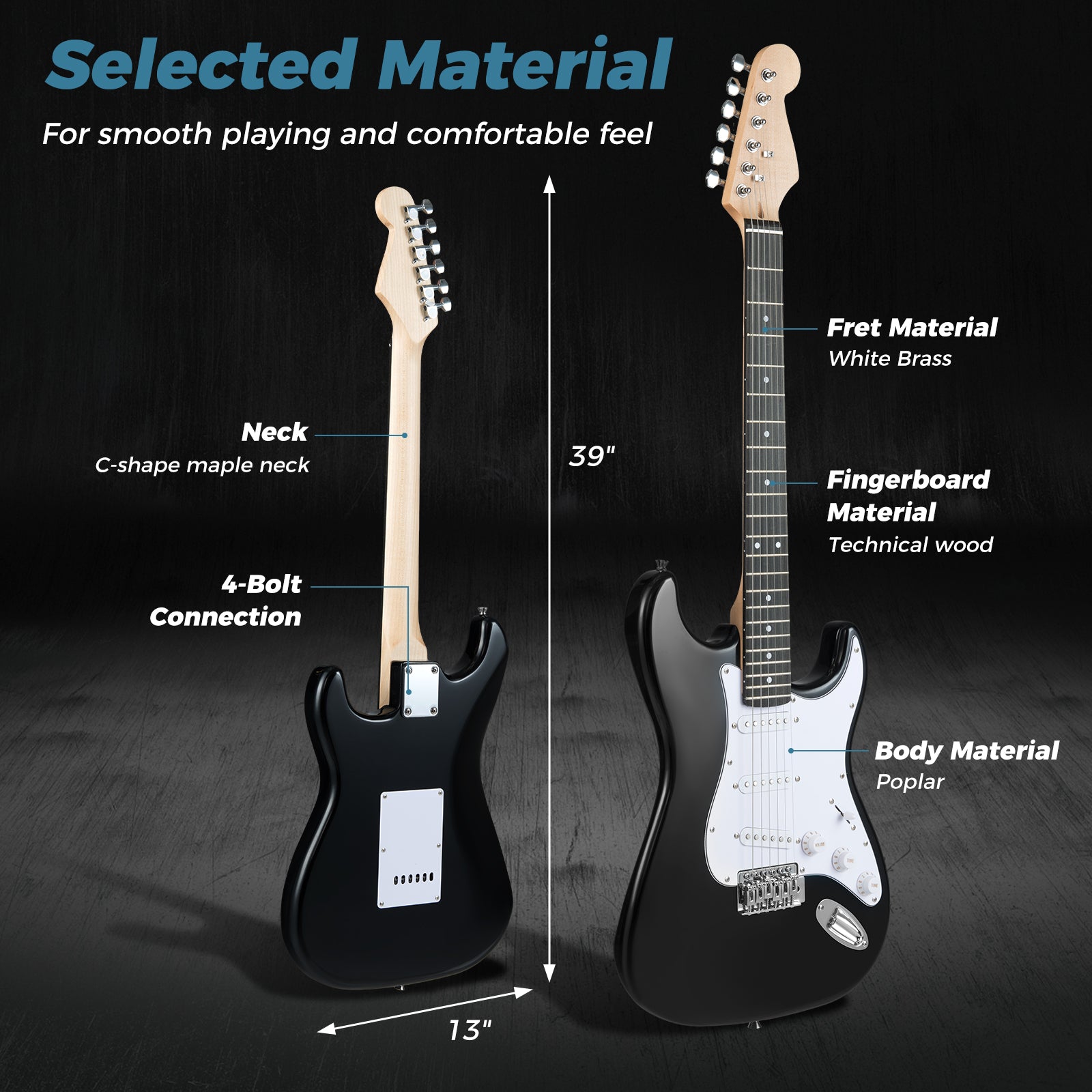 39 Inch Full Size Electric Guitar Beginner Kit with Amplifier for Starter, Black Guitar & Strings at Gallery Canada