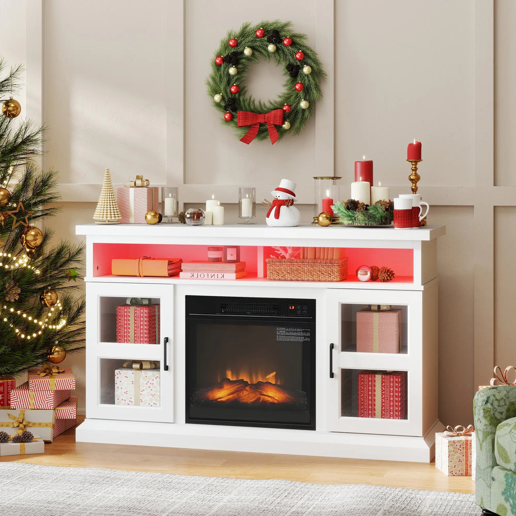 48 Inch Fireplace TV Stand, 3D Flame, Adjustable Shelves, White Electric Fireplaces at Gallery Canada