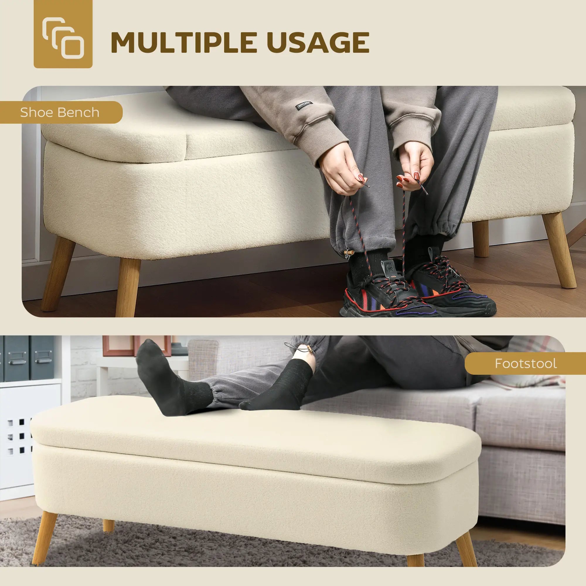 47 Inches Storage Ottoman Bench, Upholstered Teddy Fleece, Beige Storage Ottomans & Benches at Gallery Canada