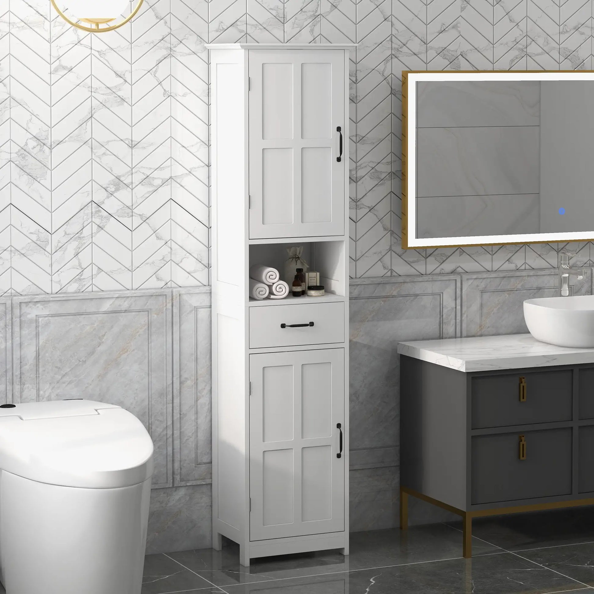 Modern Bathroom Cabinet, Narrow Vanity with Open Shelf, White Bathroom Cabinets at Gallery Canada