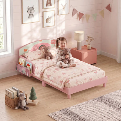 Toddler Bed, Bedside Storage, Guard Rails, 132x70x10cm, Pink Fox Print