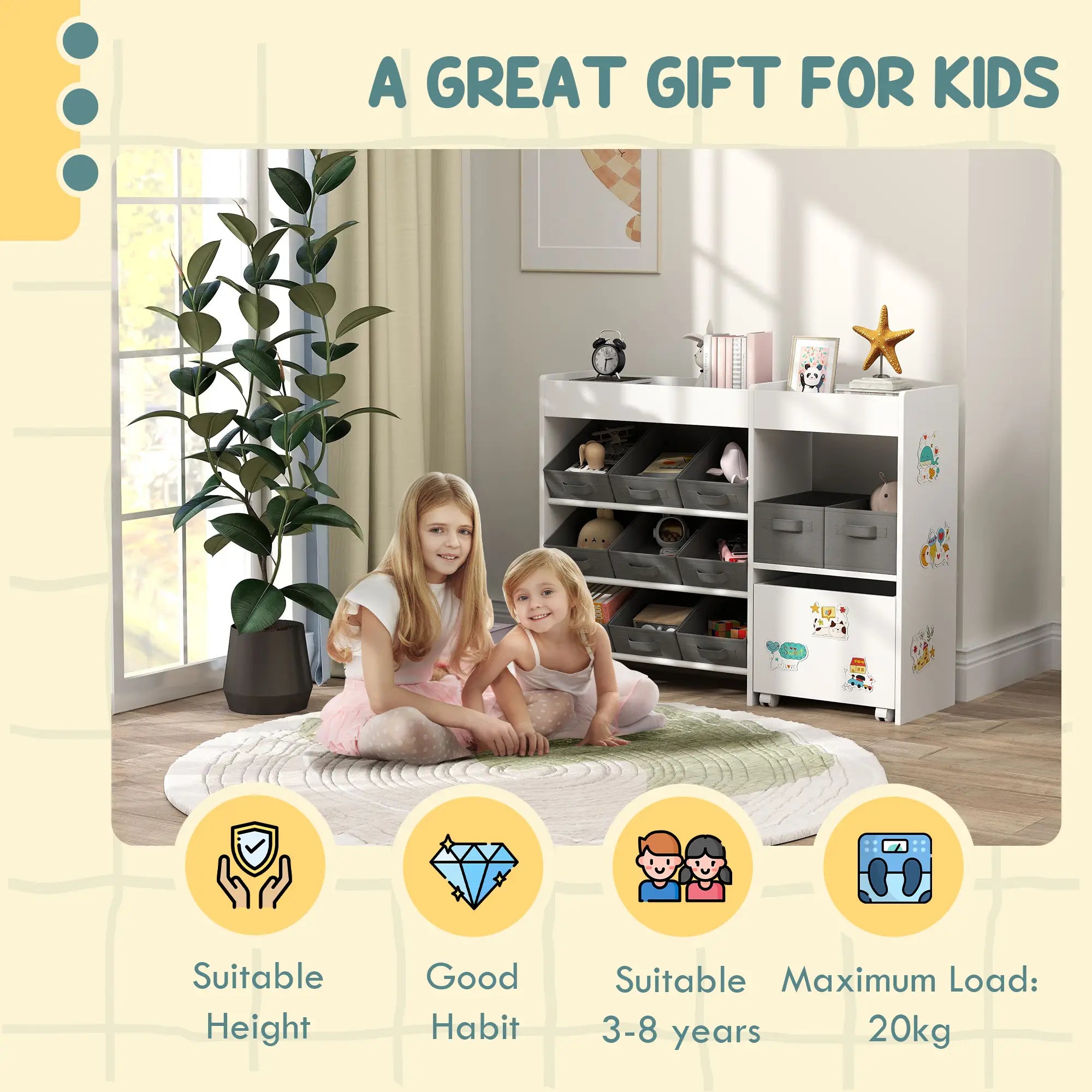 Kids Toy Storage Organizer with 11 Bins, Moveable Cabinet, Top Shelves, 3 Stickers, for Nursery, Playroom, White Bookshelves & Bookcases at Gallery Canada