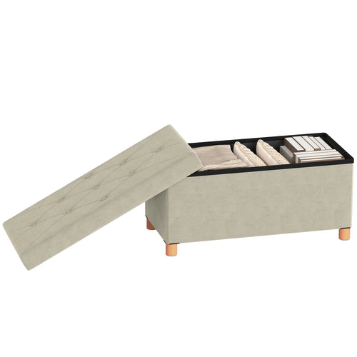 Velvet Upholstered Foldable Storage Ottoman Bench, Wood Legs