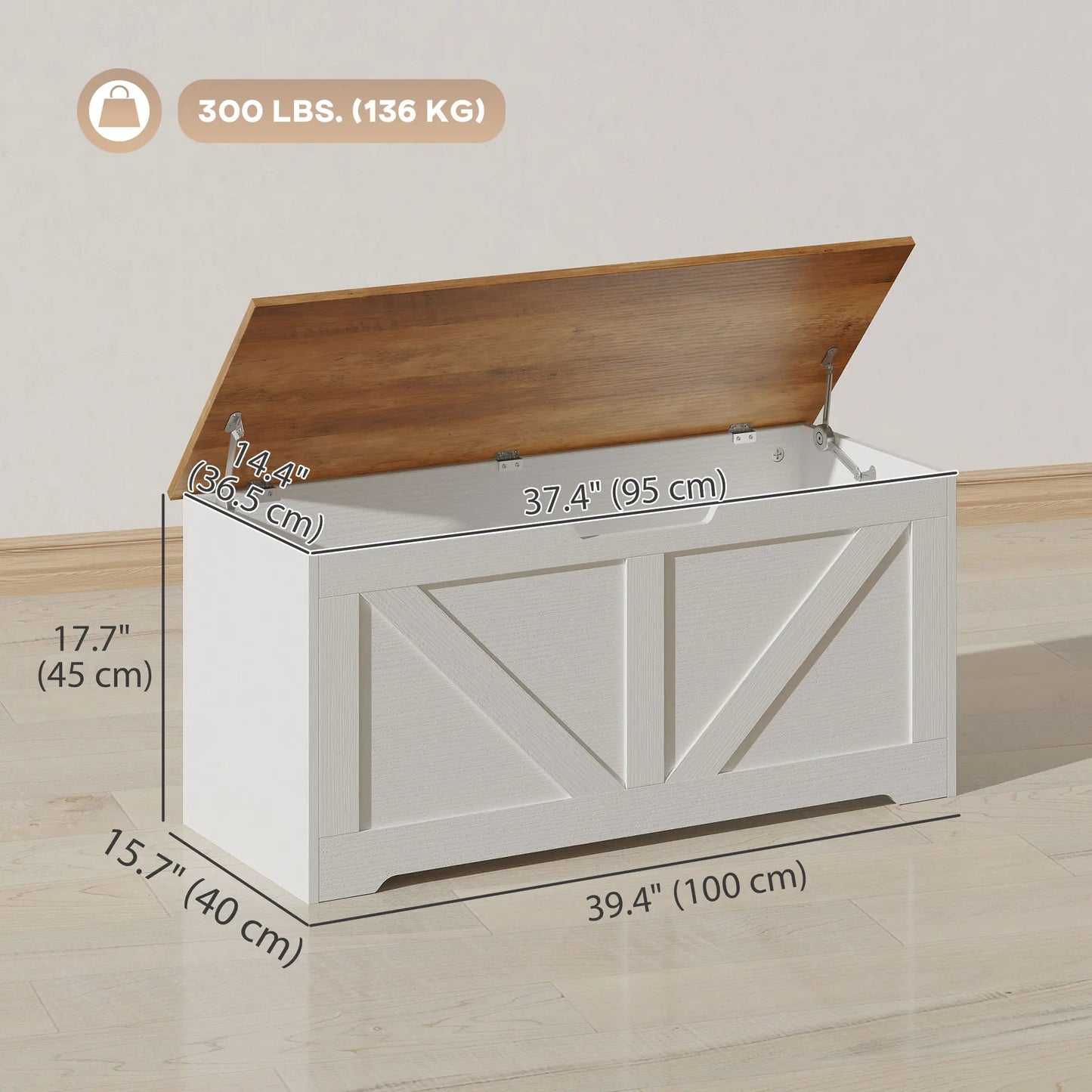 39.4 Inches Storage Chest, Brown White Wood Grain, Safety Hinges, Brown White