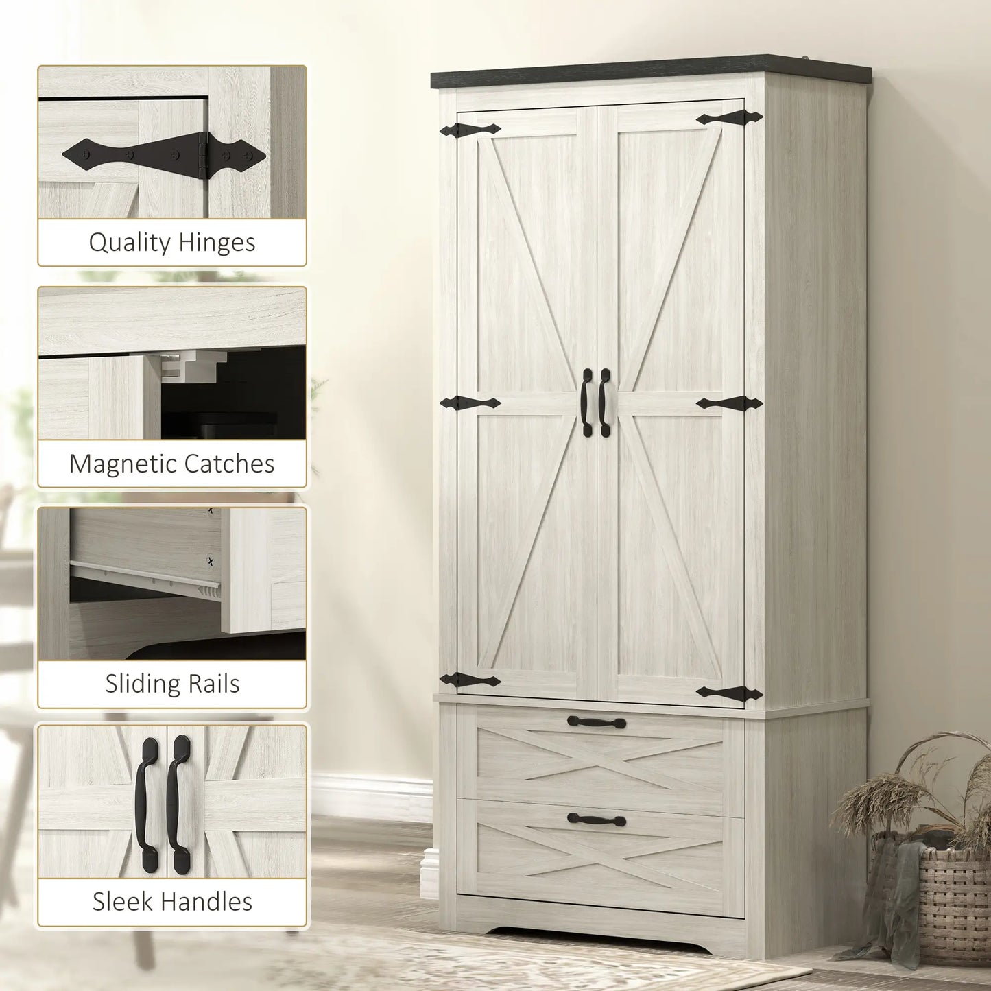 Farmhouse Kitchen Pantry, 64" Freestanding, Distressed, White Kitchen Pantry Cabinets at Gallery Canada
