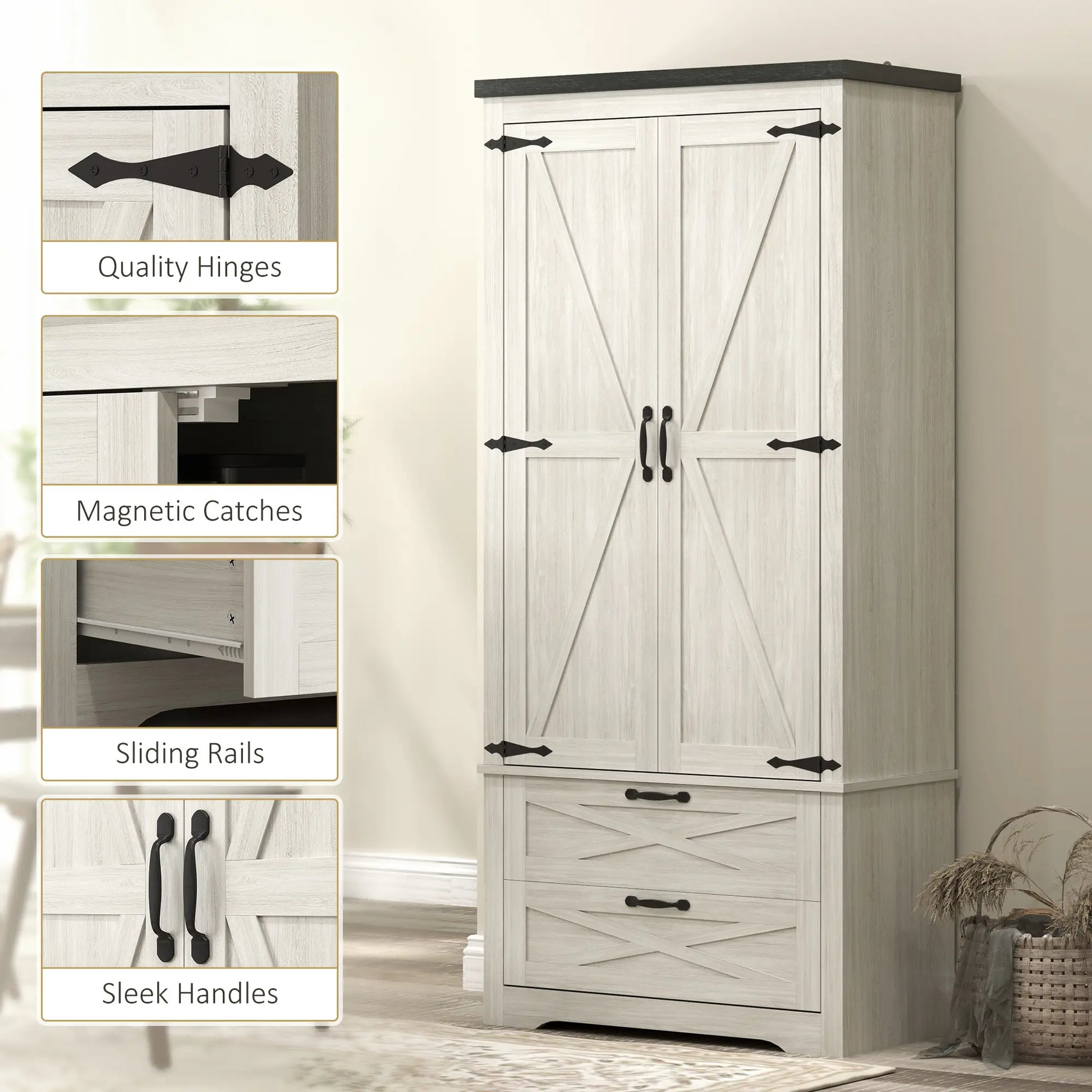Farmhouse Kitchen Pantry, 64" Freestanding, Distressed, White Kitchen Pantry Cabinets at Gallery Canada