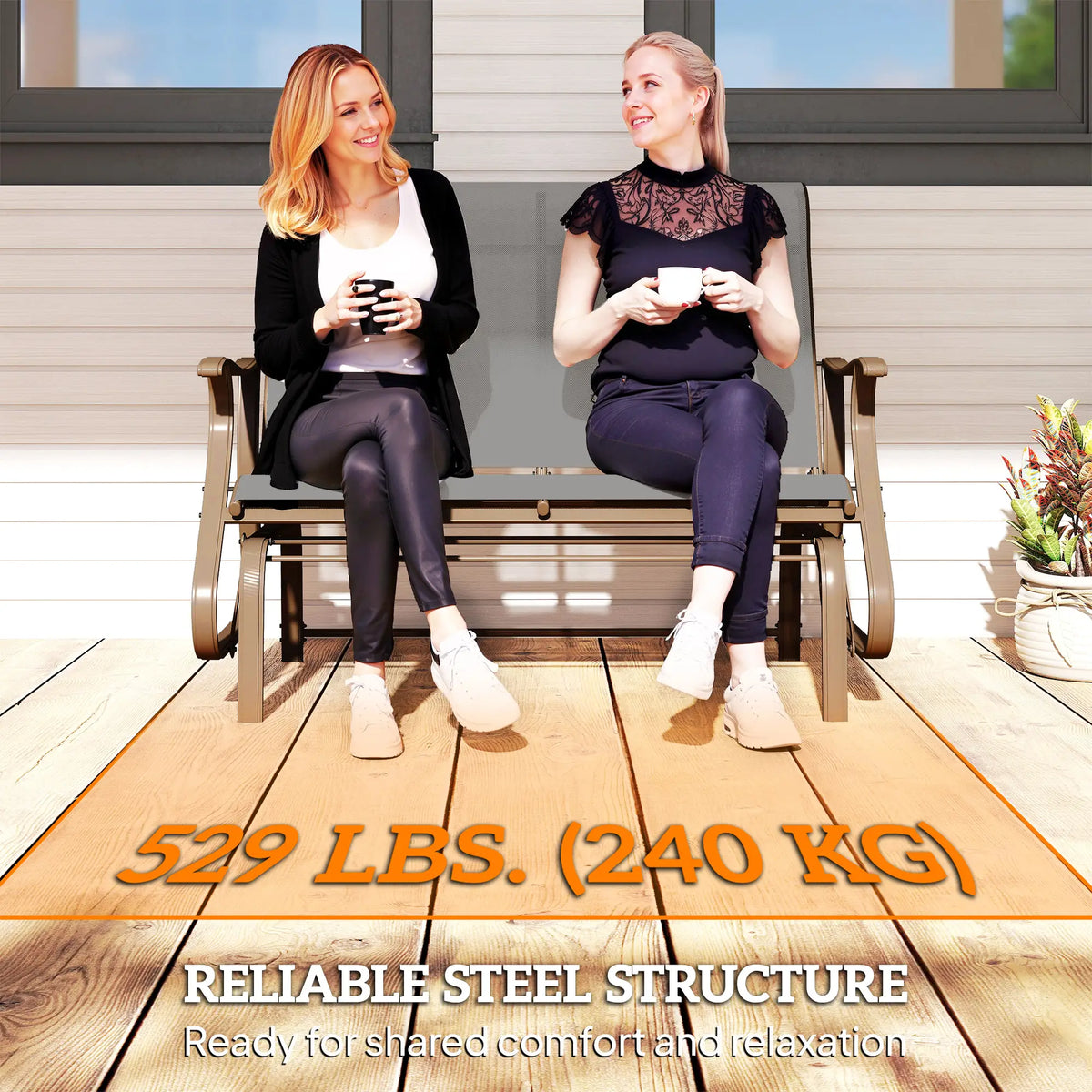 Double Gliding Chair, Patio Glider, Steel Frame, Light Grey
